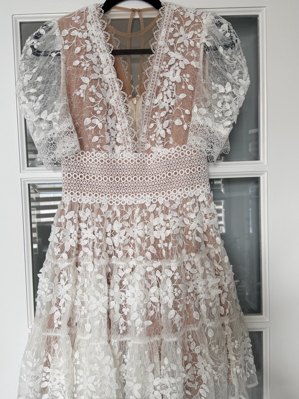 Bronx and Banco White Lace Tiered Mini Dress with Nude Lining